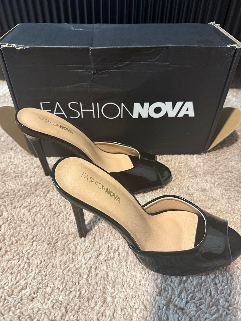 Fashion Nova Black Patent Open-Toe Stiletto Mules